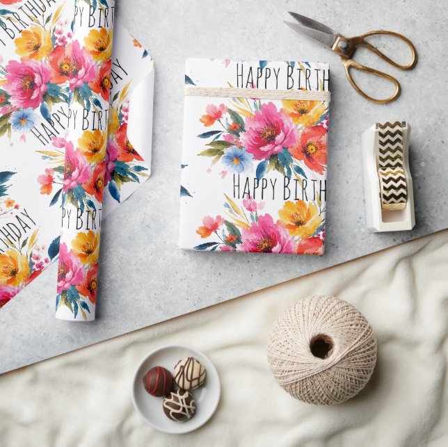 Papel De Presente Padrão de Flores em Aquarela | Floral Moderno e Br (Artesanato)