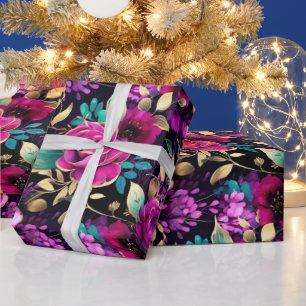 Papel De Presente Padrão de Flores em Aquarela Roxo e Verde Água Ele