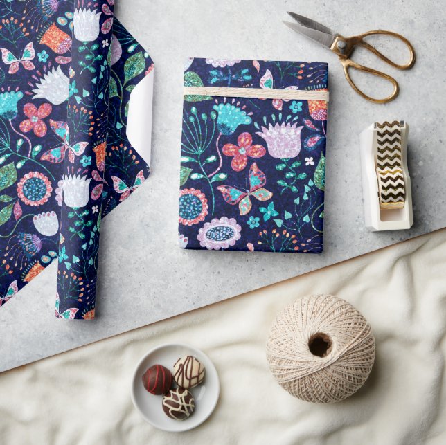 Papel De Presente Padrão de flores exóticas coloridas (Artesanato)