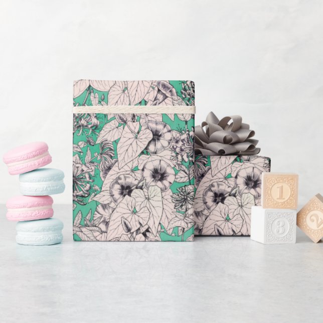 Papel De Presente Padrão de Flores Gráficas Brancas Verde (Chá de bebê)
