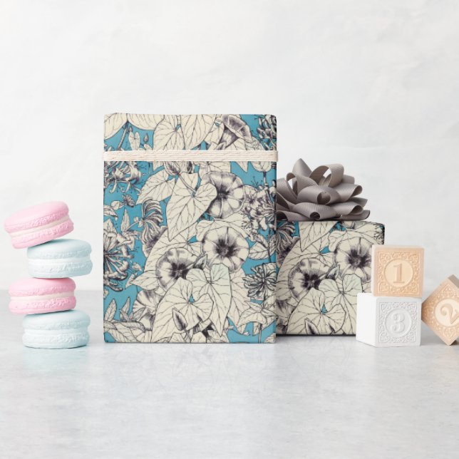 Papel De Presente Padrão de Flores Gráficas Branco Azul (Chá de bebê)