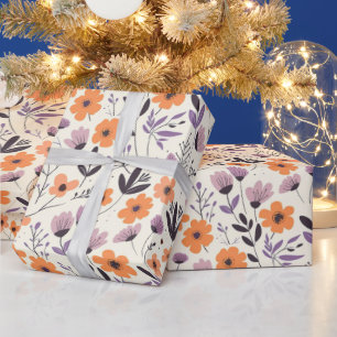 Papel De Presente Padrão de Flores Laranja e Primavera de Roxo