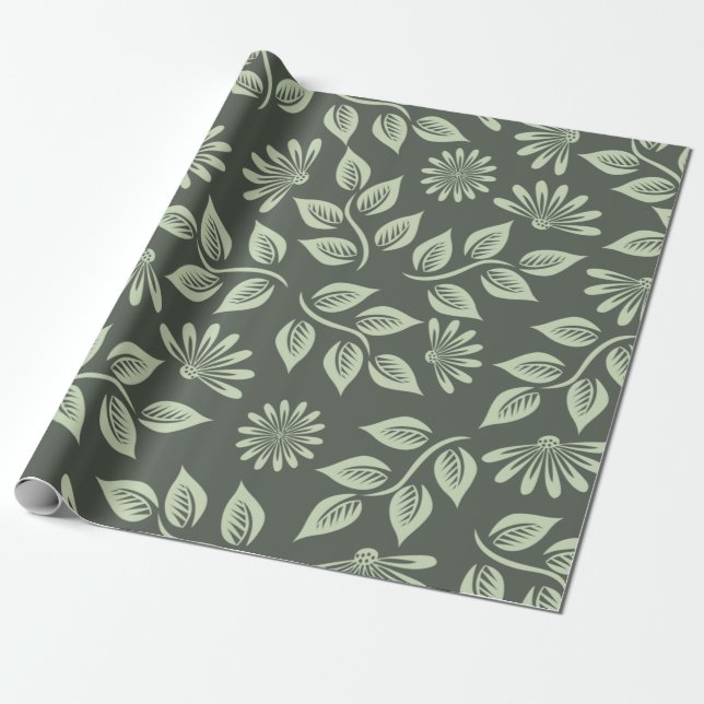 Papel De Presente Padrão de flores primavera verde (Desenrolado)
