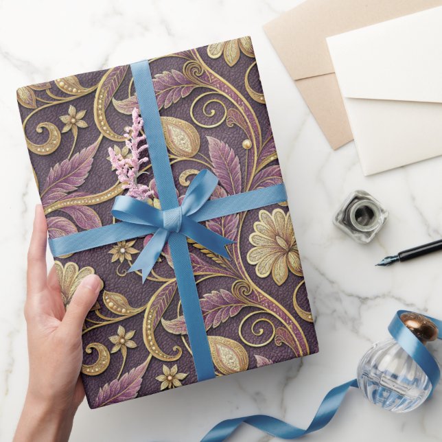 Papel De Presente Padrão de Flores Relevo Roxo e Dourado (Presentear)