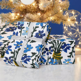 Papel De Presente Padrão de Flores Selvagens de Cor Azul em Branco