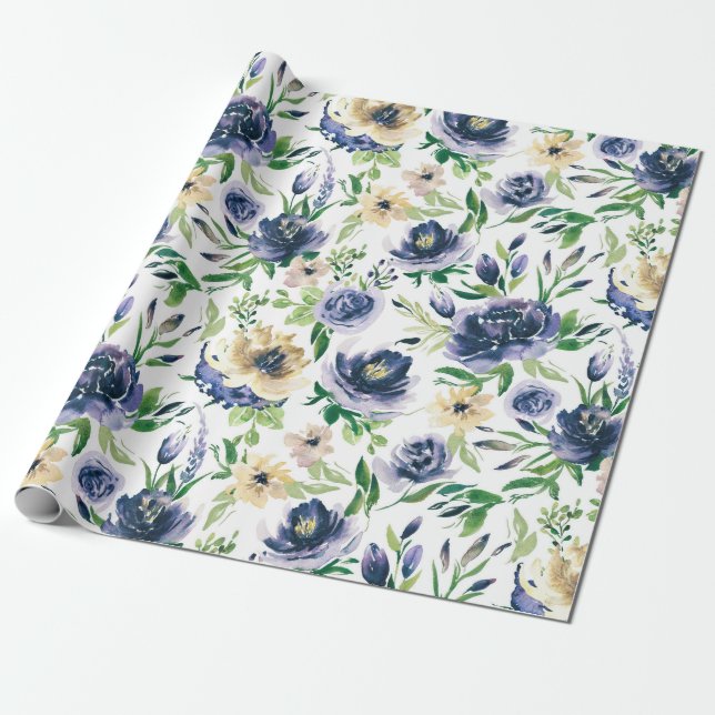Papel De Presente Padrão de flores violeta-azul em aquarelas (Desenrolado)