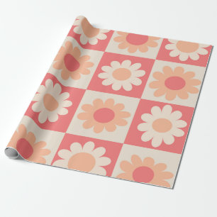 Papel De Presente Padrão de Flores Xadrez Peach Fuzz Retro