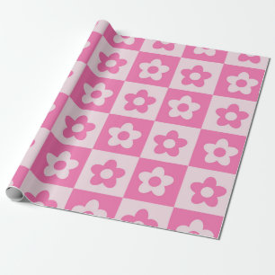 Papel De Presente Padrão de Flores Xadrez Rosa e Branco Retrô