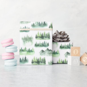 Papel De Presente Padrão de Floresta das Árvores Verdes em Aquarela