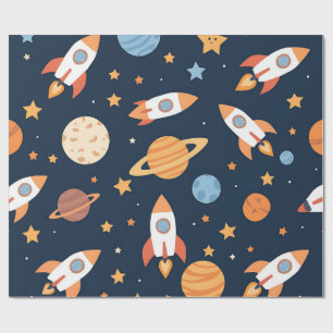 Papel De Presente Padrão de Foguetes Planetas Espaço Fofo