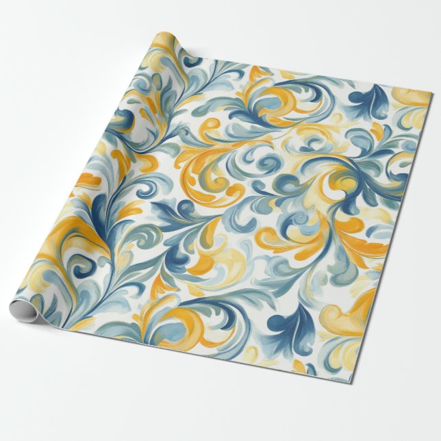 Papel De Presente Padrão de Folha Azul e Dourada (Desenrolado)