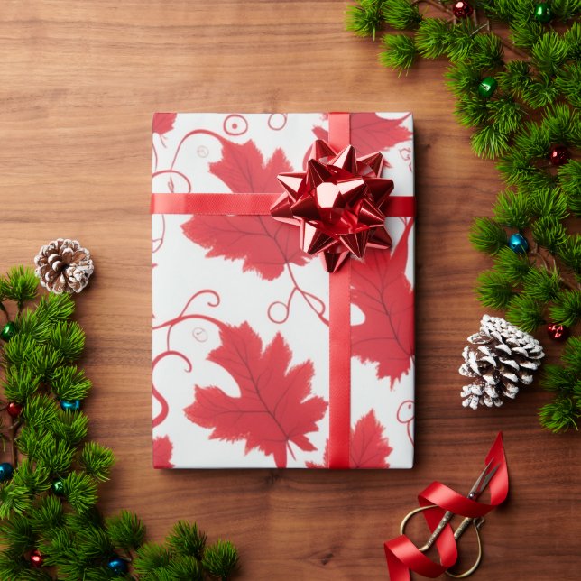 Papel De Presente Padrão de Folha de Mapeamento Vermelho Vibrante (Presente de Natal)