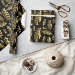 Papel De Presente Padrão de Folha de Palmeira Preto Dourado