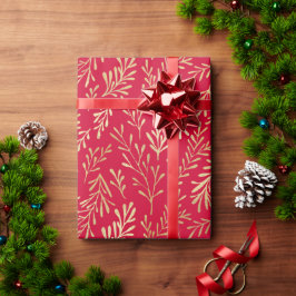 Papel De Presente Padrão de Folha Dourada Vermelha Elegante de Luxo