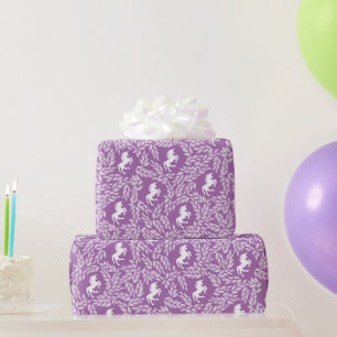 Papel De Presente Padrão de Folha Floral Unicórnio Roxo e Branco