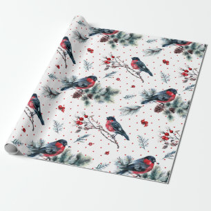 Papel De Presente Padrão de Folhagem Red Bull-Finch e Natal