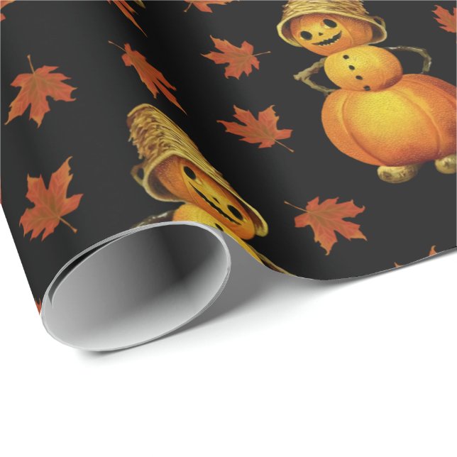 Papel De Presente Padrão de Folhas de Abóbora Cuta do Halloween (Ponta do rolo)