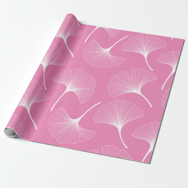 Papel De Presente Padrão de folhas de abstrato branco e rosa (Desenrolado)