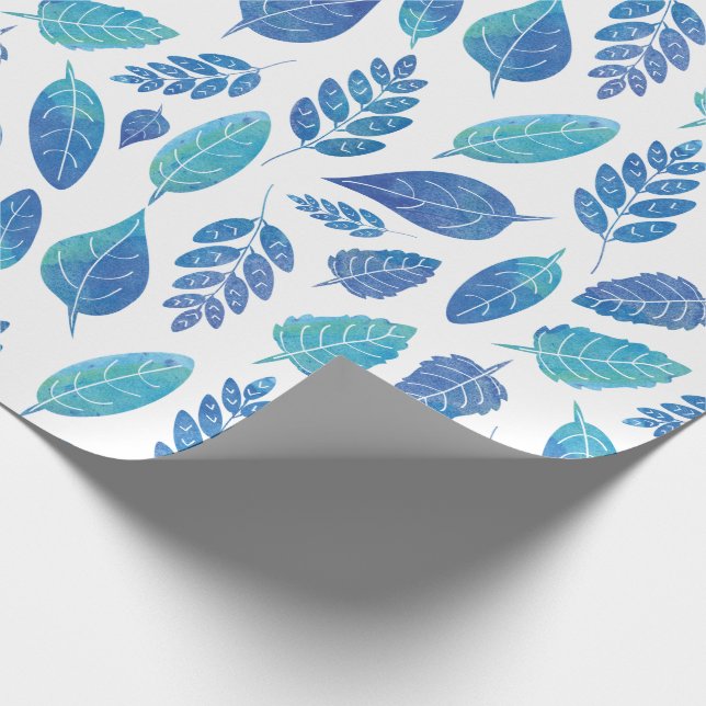 Papel De Presente Padrão de Folhas de Aquarela Azul (Ponta)