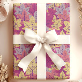 Papel De Presente Padrão de Folhas de Outono Elegante Roxo Amarelo