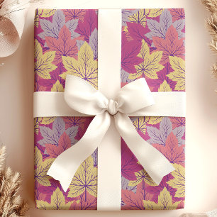 Papel De Presente Padrão de Folhas de Outono Elegante Roxo Amarelo