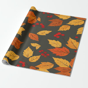 Papel De Presente Padrão de Folhas de Outono Quente em Fundo Cinza E