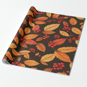 Papel De Presente Padrão de Folhas de Outono Rústicas com Bagas Verm