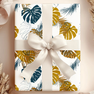 Papel De Presente Padrão de Folhas de Palmeira em Dourado Tropical e