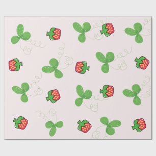 Papel De Presente Padrão de Folhas de Trevo Verde e Morango Vermelho