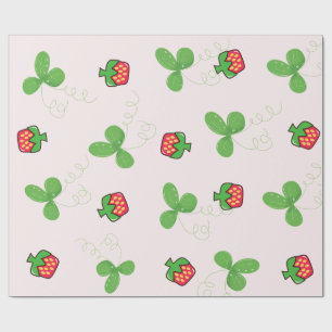 Papel De Presente Padrão de Folhas de Trevo Verde e Morango Vermelho