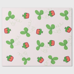 Papel De Presente Padrão de Folhas de Trevo Verde e Morango Vermelho