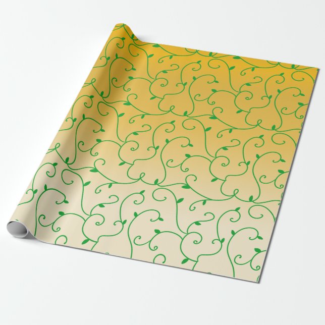 Papel De Presente Padrão de Folhas de Vinha Verde Dourada (Desenrolado)