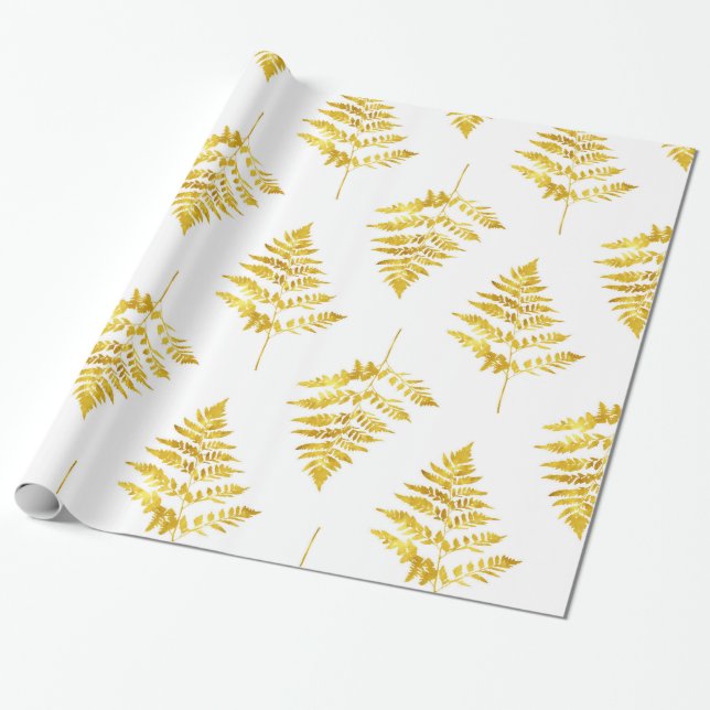 Papel De Presente Padrão de Folhas Douradas do Fern (Desenrolado)