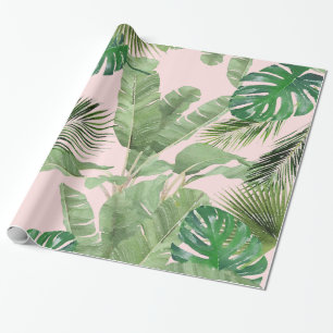 Papel De Presente Padrão de Folhas Tropicais de Aquarela a Rosa