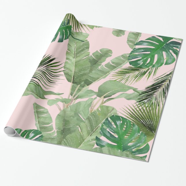 Papel De Presente Padrão de Folhas Tropicais de Aquarela a Rosa (Desenrolado)