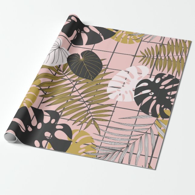 Papel De Presente Padrão de folhas tropicais de verão (Desenrolado)