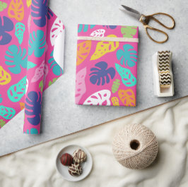 Papel De Presente Padrão de Folhas Tropicais de Verão Brilhantes