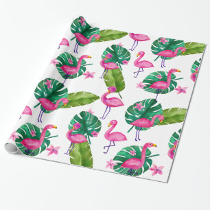 Papel De Presente Padrão de Folhas Tropicais Flamingo, Cor-de-Água