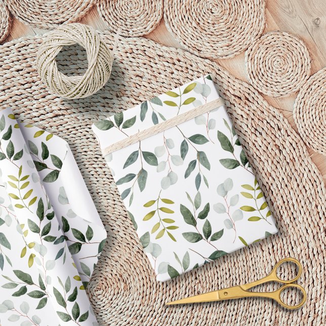 Papel De Presente Padrão de Folhas Verdes em Aquarela (In situ)