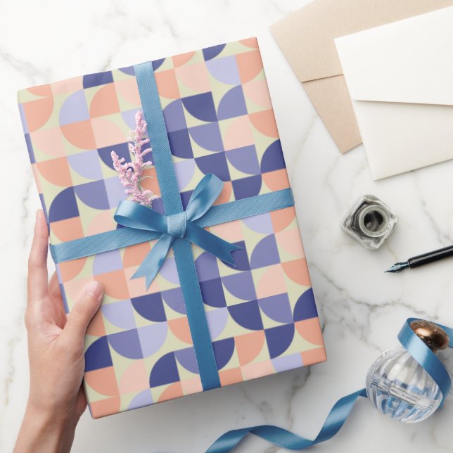 Papel De Presente Padrão de Formas Geométricas de Pêssego Roxo-Retro (Presentear)