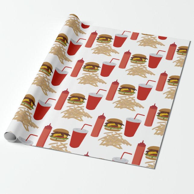 Papel De Presente Padrão de Fries Burger de Comida Rápida (Desenrolado)