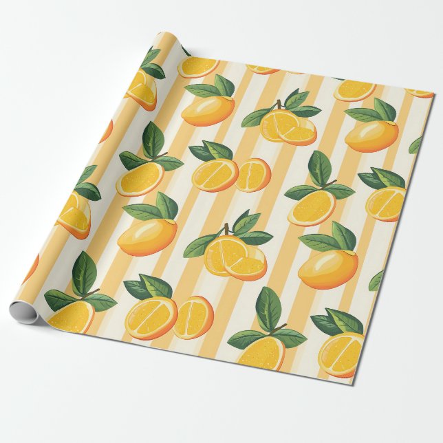 Papel De Presente Padrão de Fruta de Citros Vibrante com Folhas Verd (Desenrolado)
