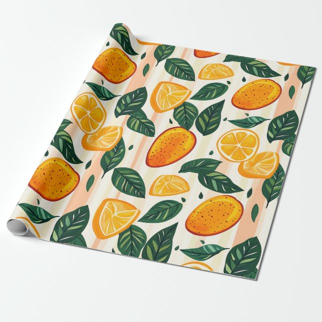 Papel De Presente Padrão de Fruta de Citros Vibrante com Folhas Verd (Desenrolado)