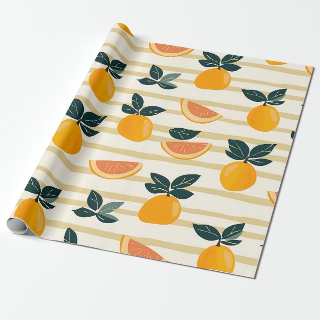 Papel De Presente Padrão de Fruta de Citros Vibrante com Folhas Verd (Desenrolado)