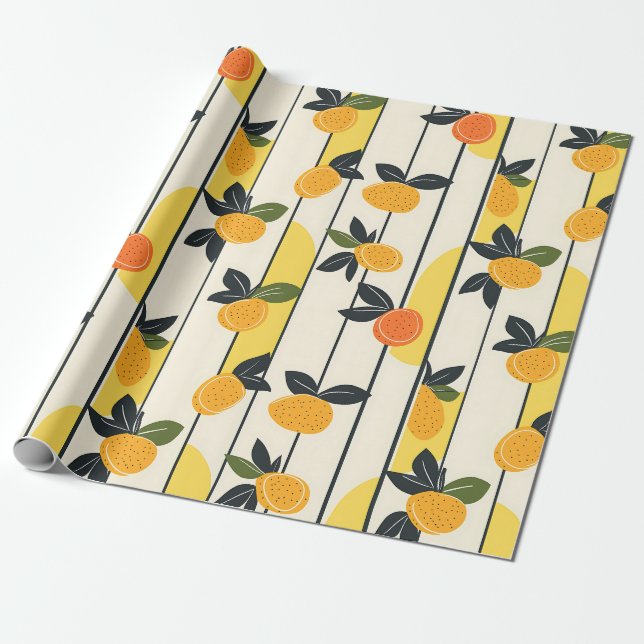 Papel De Presente Padrão de Fruta de Citros Vibrante com Folhas Verd (Desenrolado)