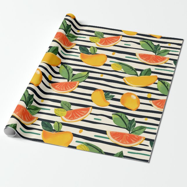 Papel De Presente Padrão de Fruta de Citros Vibrante com Folhas Verd (Desenrolado)