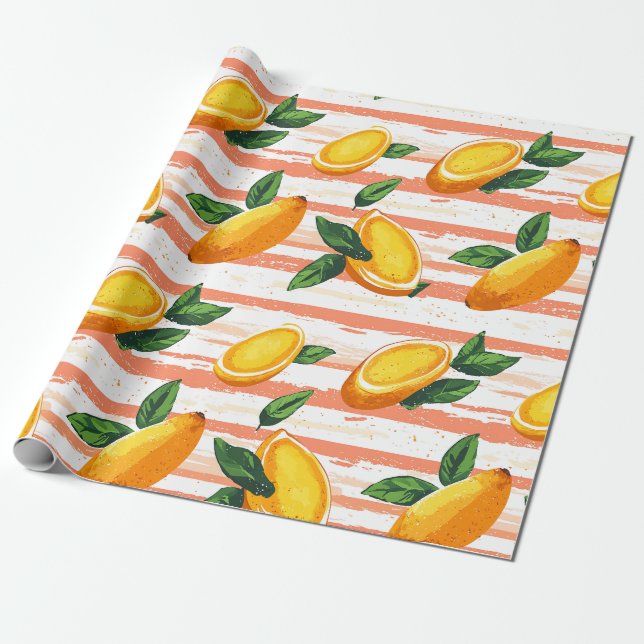 Papel De Presente Padrão de Fruta de Mango com Folhas Verdes (Desenrolado)