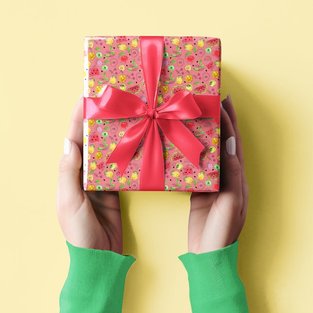 Papel De Presente Padrão de Fruta de Verão | Rosa Rosa (Criador carregado)