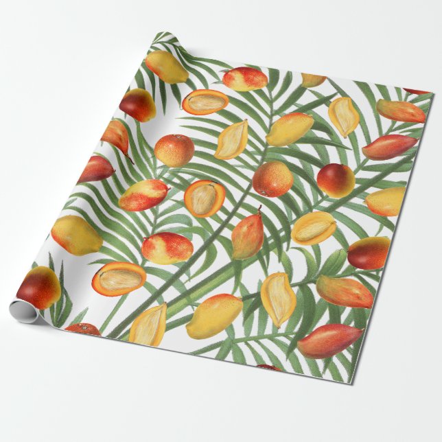 Papel De Presente Padrão de Fruta de Verão Vintage Mango & Greenery (Desenrolado)