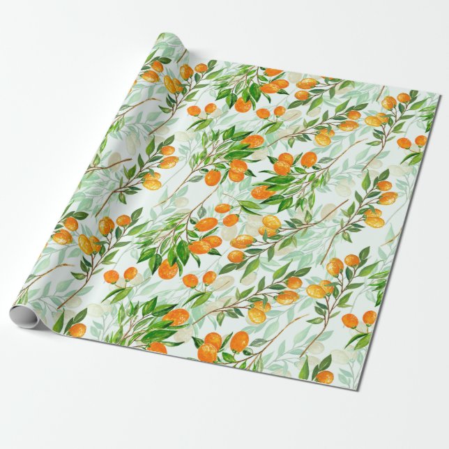 Papel De Presente Padrão de Fruta Tropical de Verão de Kumquat na Ca (Desenrolado)